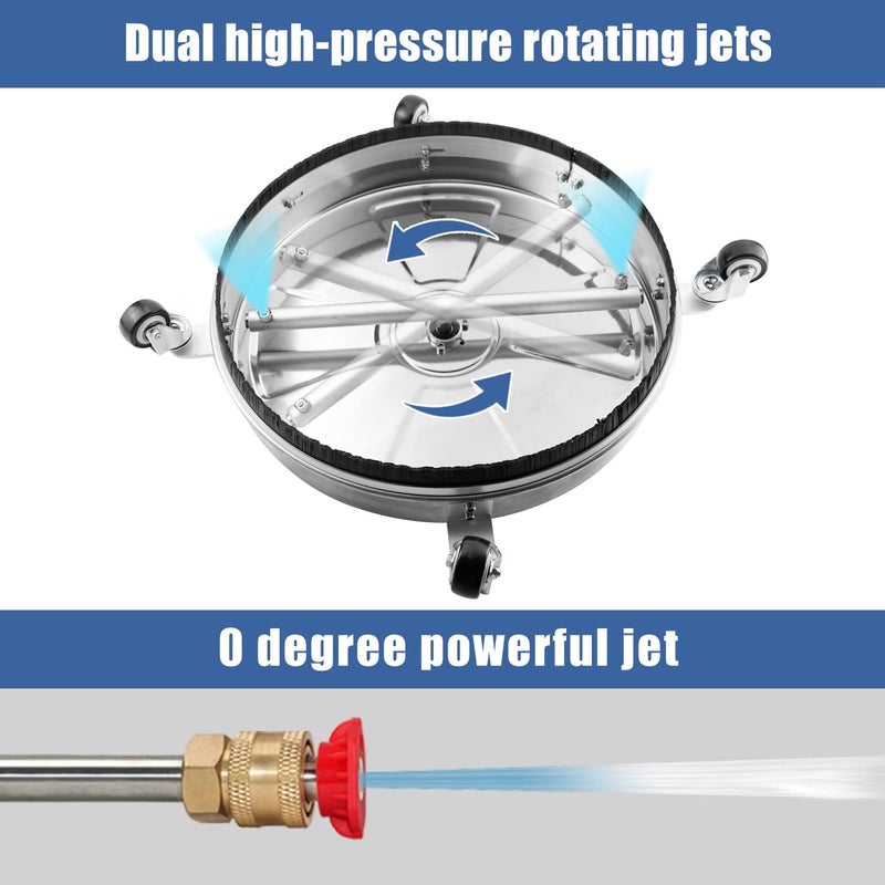 janz 18" Pressure Washer Surface Cleaner with 4 Wheels,1/4" Quick Plug,Stainless Steel Housing,2 Extension Wand Attachments, 3 Spray Nozzles and 2 Replacement Nozzles, 4000 PSI - Image 3